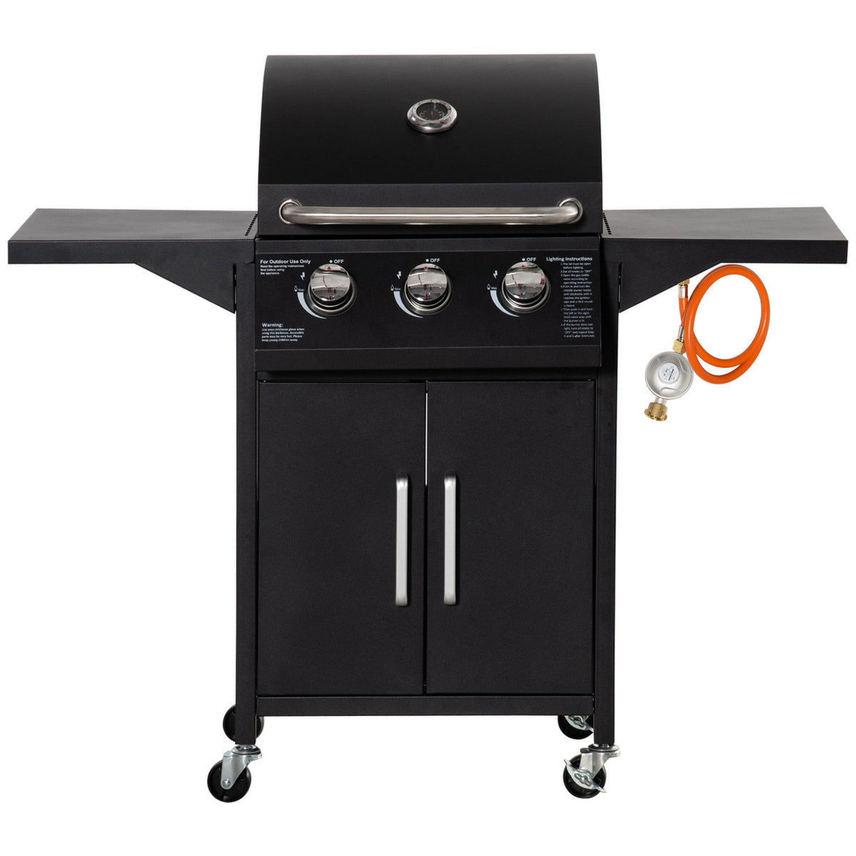 Gas Grill Bbq With 3 Burners 3 Kw Each Mobile Grill Cart With 4 Wheels Grill Net Side Tables Pressure Reducer Hoses Steel 121 X 55 X 109Cm