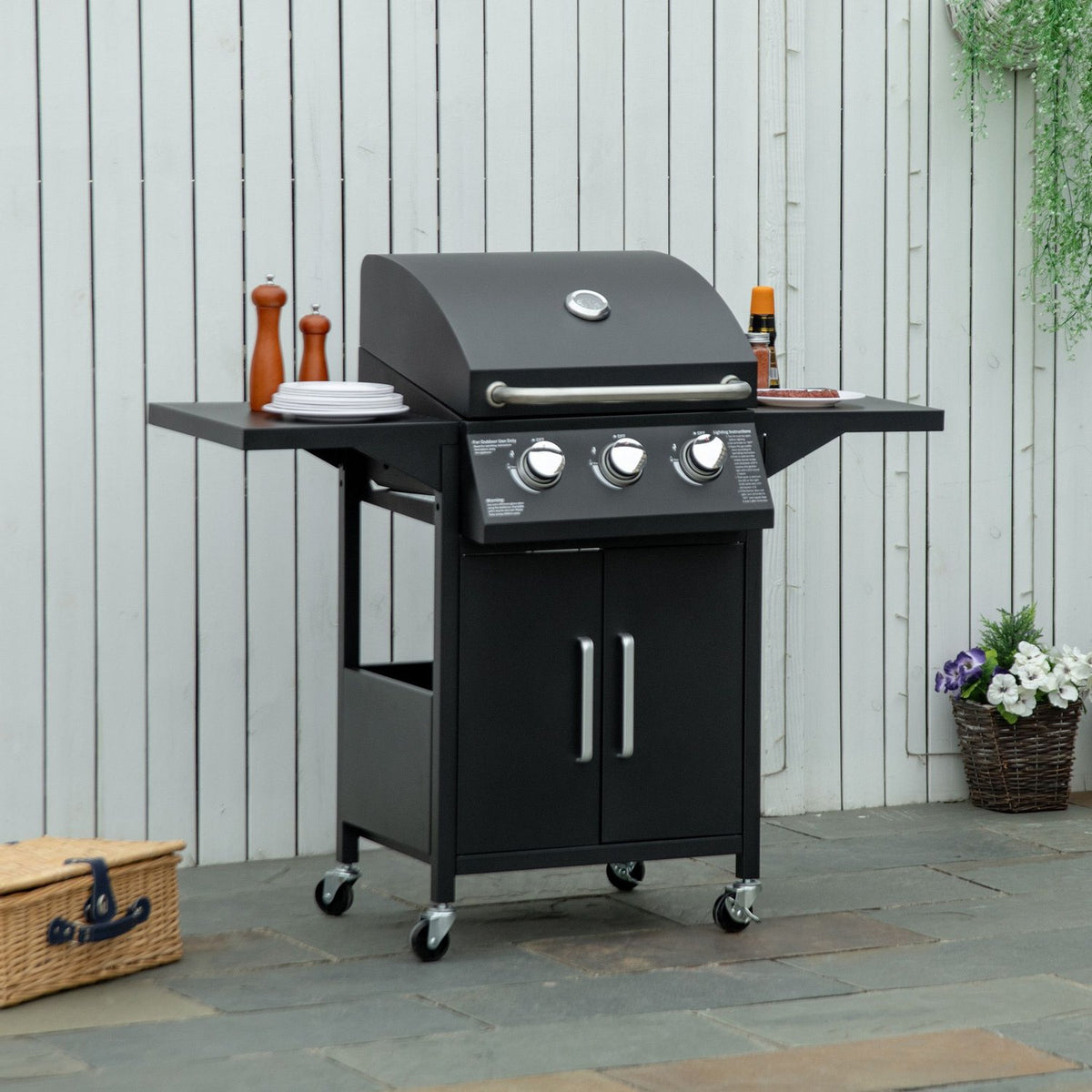 Gas Grill Bbq With 3 Burners 3 Kw Each Mobile Grill Cart With 4 Wheels Grill Net Side Tables Pressure Reducer Hoses Steel 121 X 55 X 109Cm