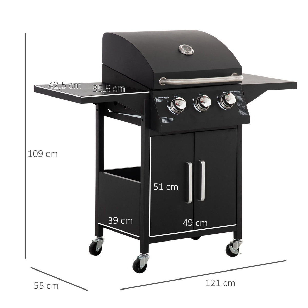 Gas Grill Bbq With 3 Burners 3 Kw Each Mobile Grill Cart With 4 Wheels Grill Net Side Tables Pressure Reducer Hoses Steel 121 X 55 X 109Cm