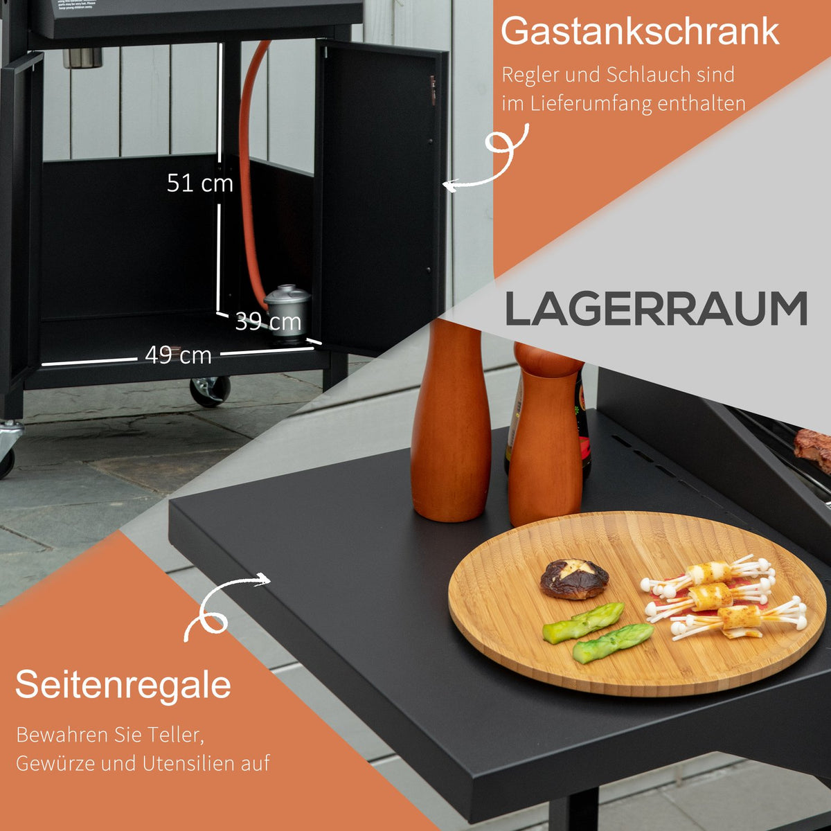 Gas Grill Bbq With 3 Burners 3 Kw Each Mobile Grill Cart With 4 Wheels Grill Net Side Tables Pressure Reducer Hoses Steel 121 X 55 X 109Cm