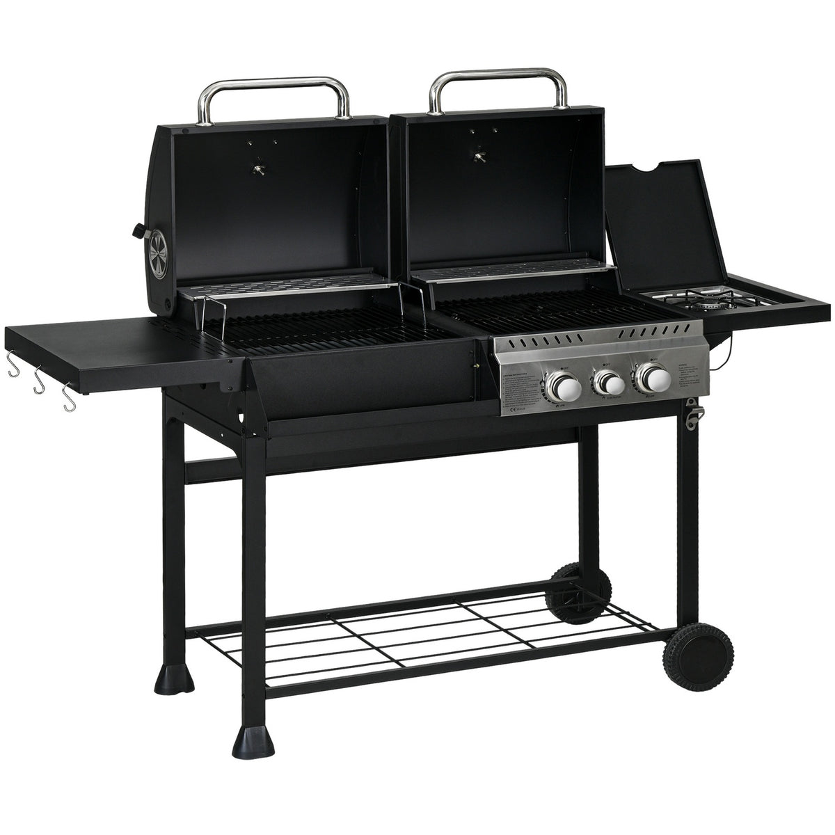 Gas Grill Cart With 2+1 Burner, Thermometer, 3Kw, Bbq Charcoal Grill, Shelf, Side Shelf, Hook, Camping, Black