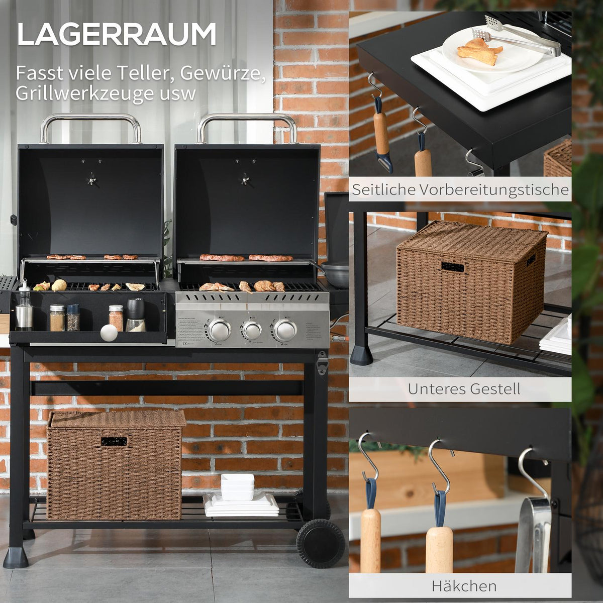 Gas Grill Cart With 2+1 Burner, Thermometer, 3Kw, Bbq Charcoal Grill, Shelf, Side Shelf, Hook, Camping, Black