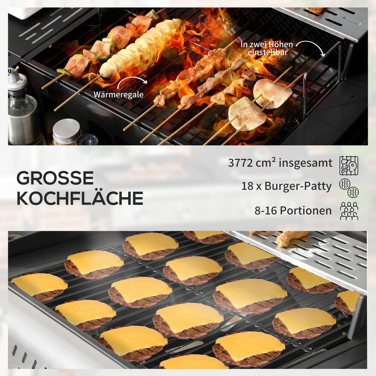 Gas Grill Cart With 2+1 Burner, Thermometer, 3Kw, Bbq Charcoal Grill, Shelf, Side Shelf, Hook, Camping, Black