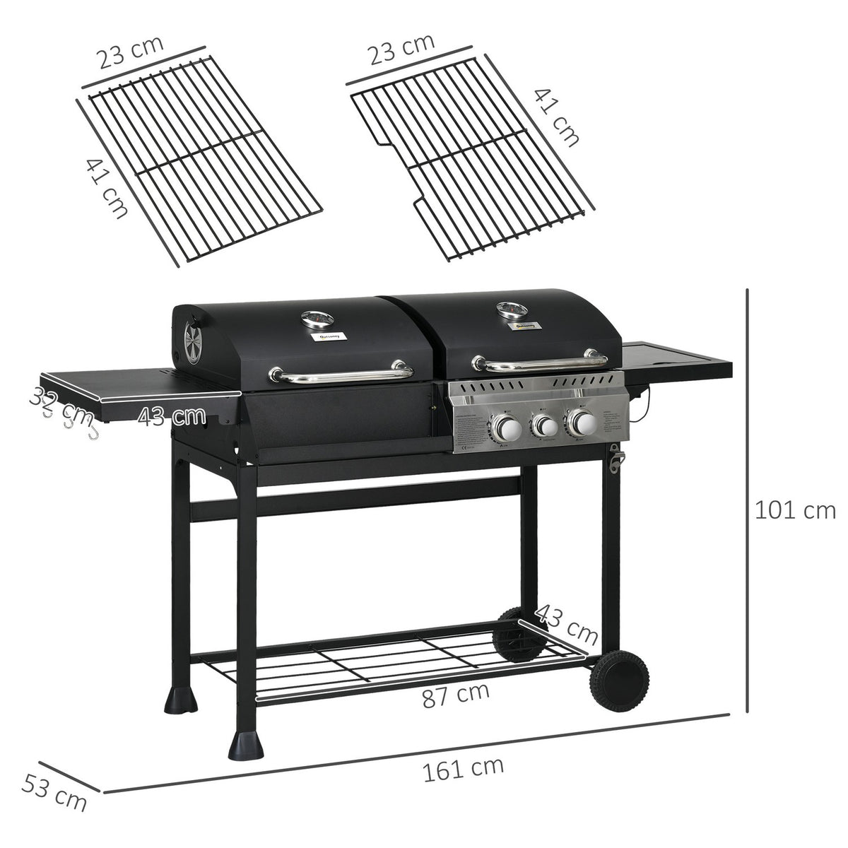 Gas Grill Cart With 2+1 Burner, Thermometer, 3Kw, Bbq Charcoal Grill, Shelf, Side Shelf, Hook, Camping, Black