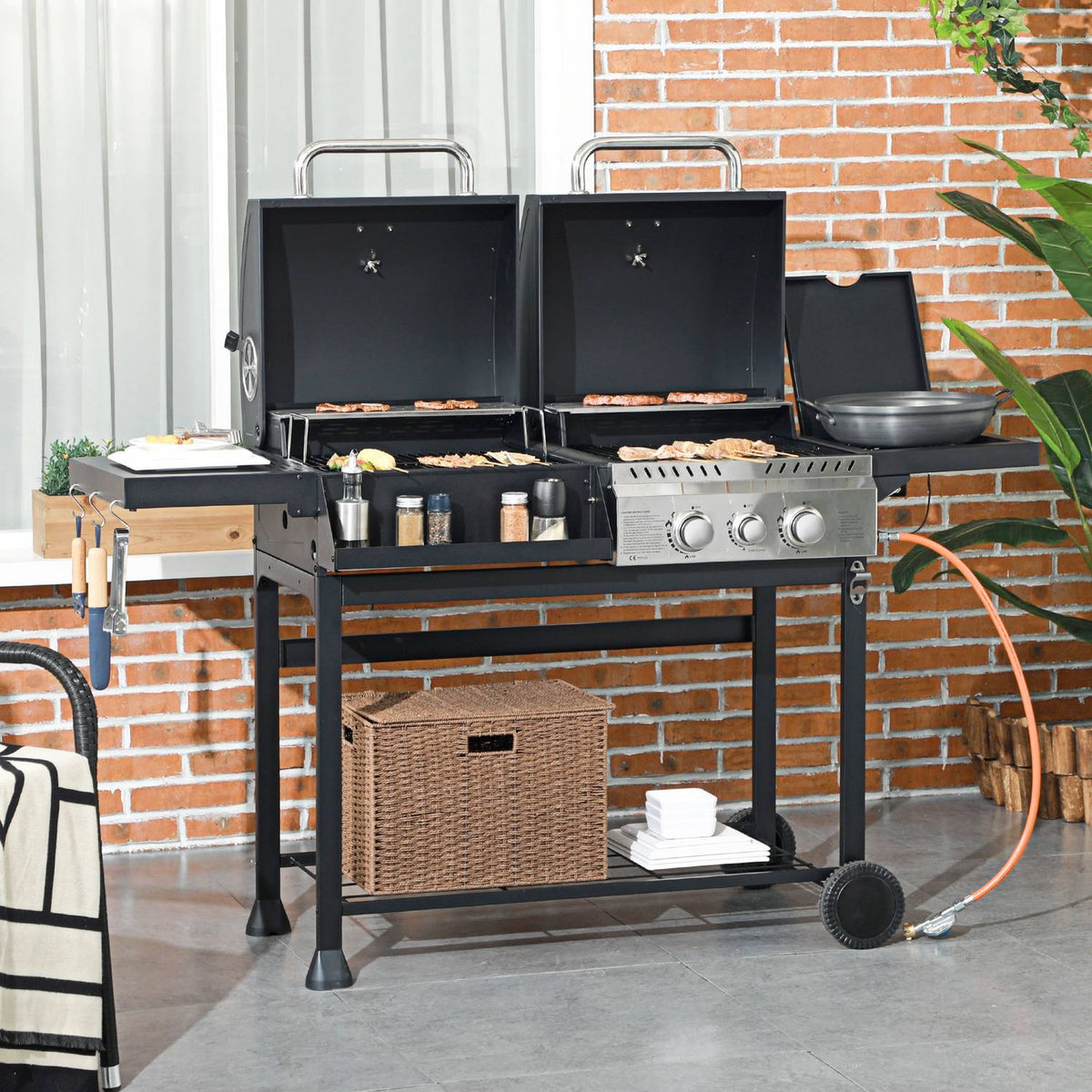 Gas Grill Cart With 2+1 Burner, Thermometer, 3Kw, Bbq Charcoal Grill, Shelf, Side Shelf, Hook, Camping, Black