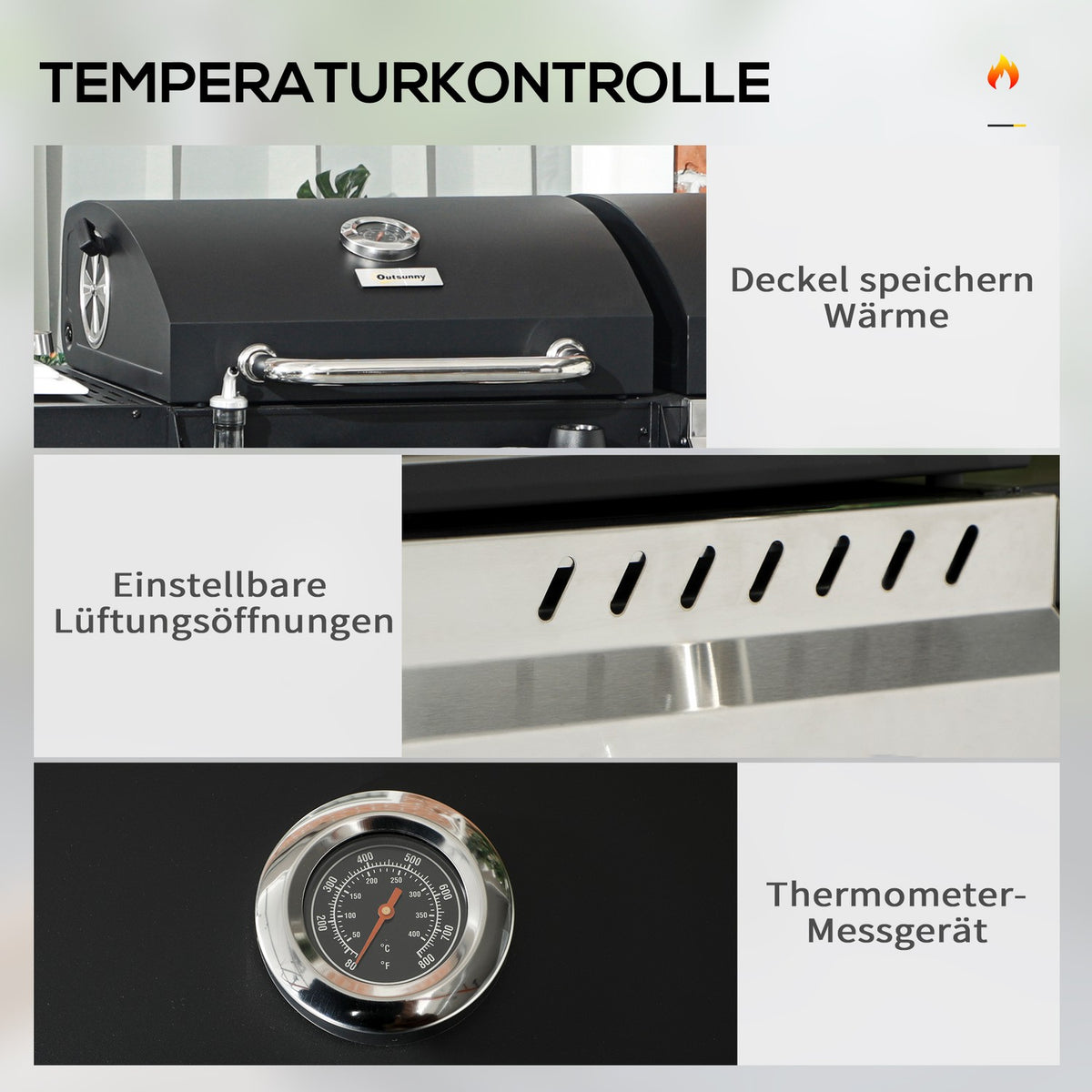 Gas Grill Cart With 2+1 Burner, Thermometer, 3Kw, Bbq Charcoal Grill, Shelf, Side Shelf, Hook, Camping, Black