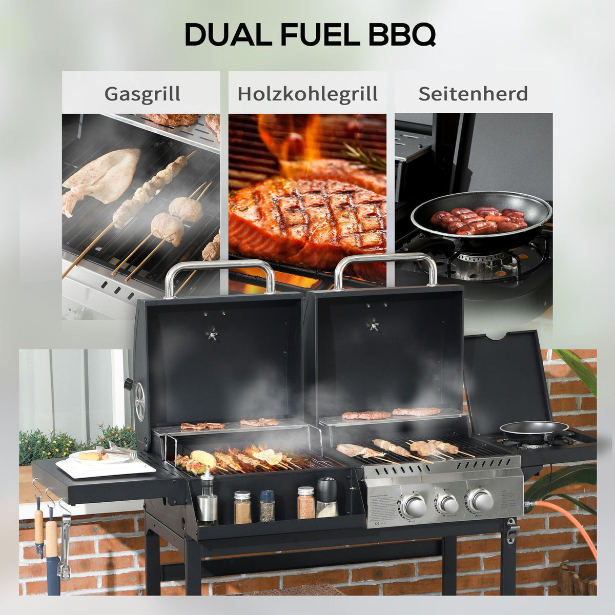 Gas Grill Cart With 2+1 Burner, Thermometer, 3Kw, Bbq Charcoal Grill, Shelf, Side Shelf, Hook, Camping, Black