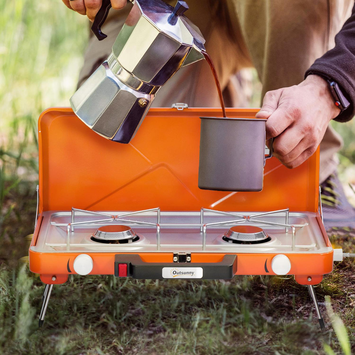 Gas Grill Table Grill Bbq 2 Burners Foldable Hose Regulator Stainless Steel Metal Orange 46.5X33.5X17.4Cm