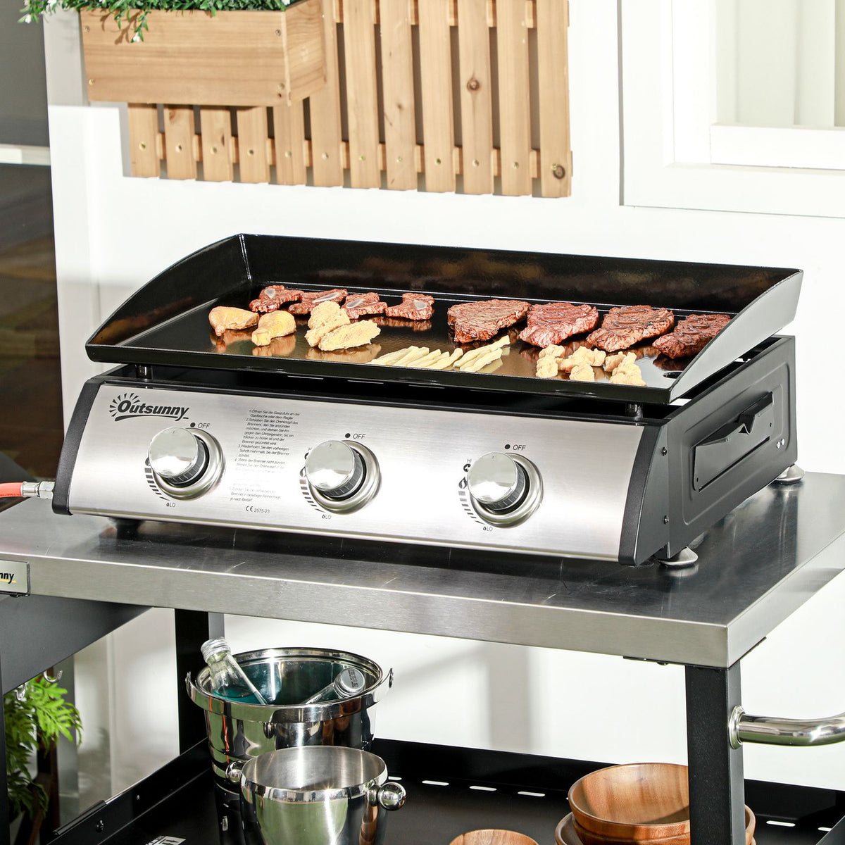 Gas Grill, Table Grill Bbq With 3 Burners, Table Gas Grill With Hose, Lid, Camping Grill For Garden, Stainless Steel, Metal, Black, 63 X 47 X 25 Cm