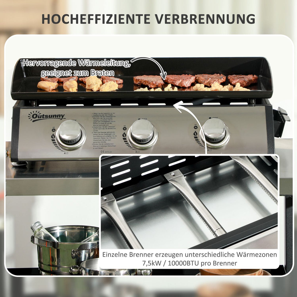 Gas Grill, Table Grill Bbq With 3 Burners, Table Gas Grill With Hose, Lid, Camping Grill For Garden, Stainless Steel, Metal, Black, 63 X 47 X 25 Cm