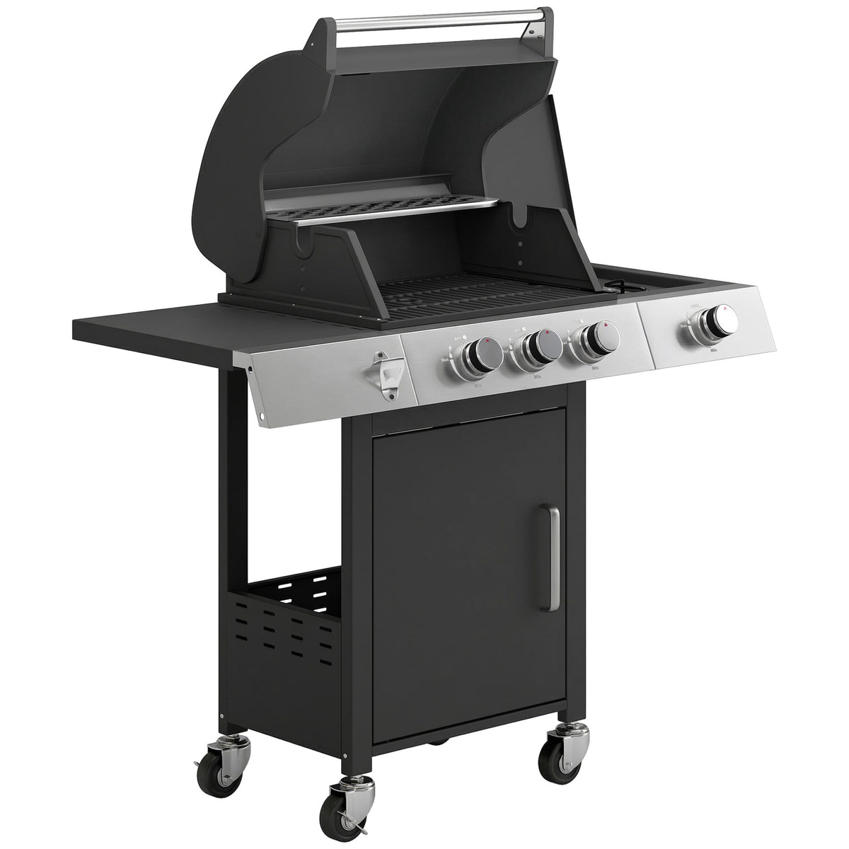 Gas Grill with 3 Burners, Side Burner, Cast Iron Grates
