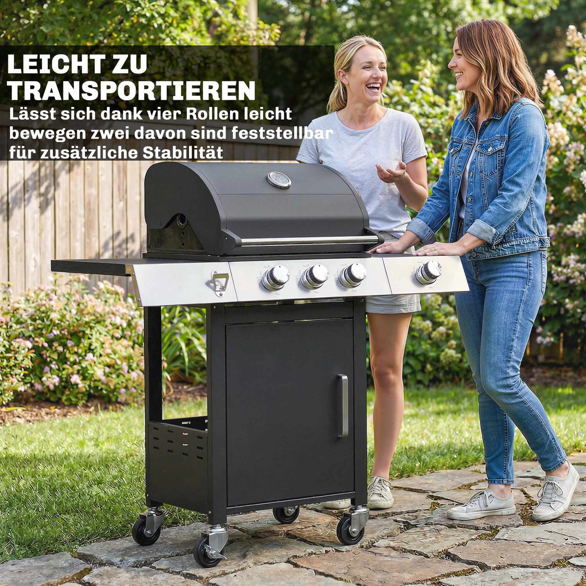 Gas Grill with 3 Burners, Side Burner, Cast Iron Grates