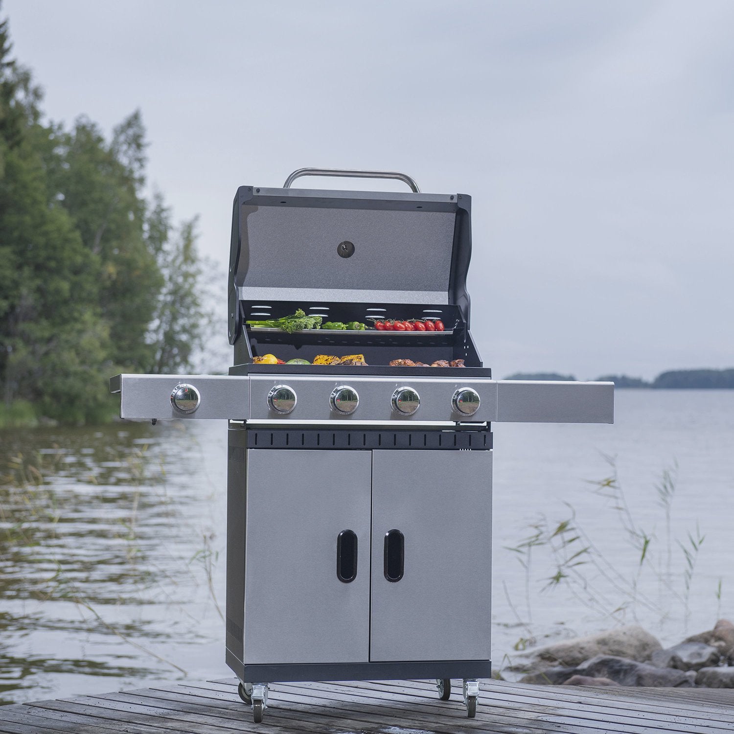 Gas Grill with 4 Burners and Side Burner, 63x38 cm Cooking Area