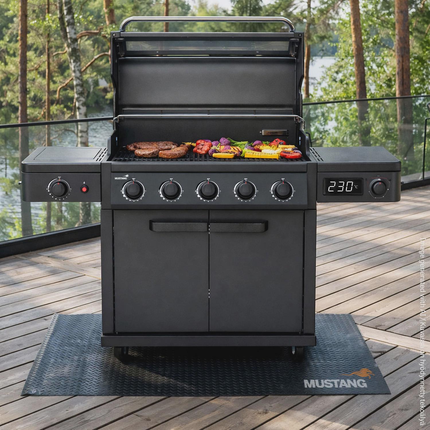 Gas Grill with 5 Burners, Infrared Side Burner, Thermostat