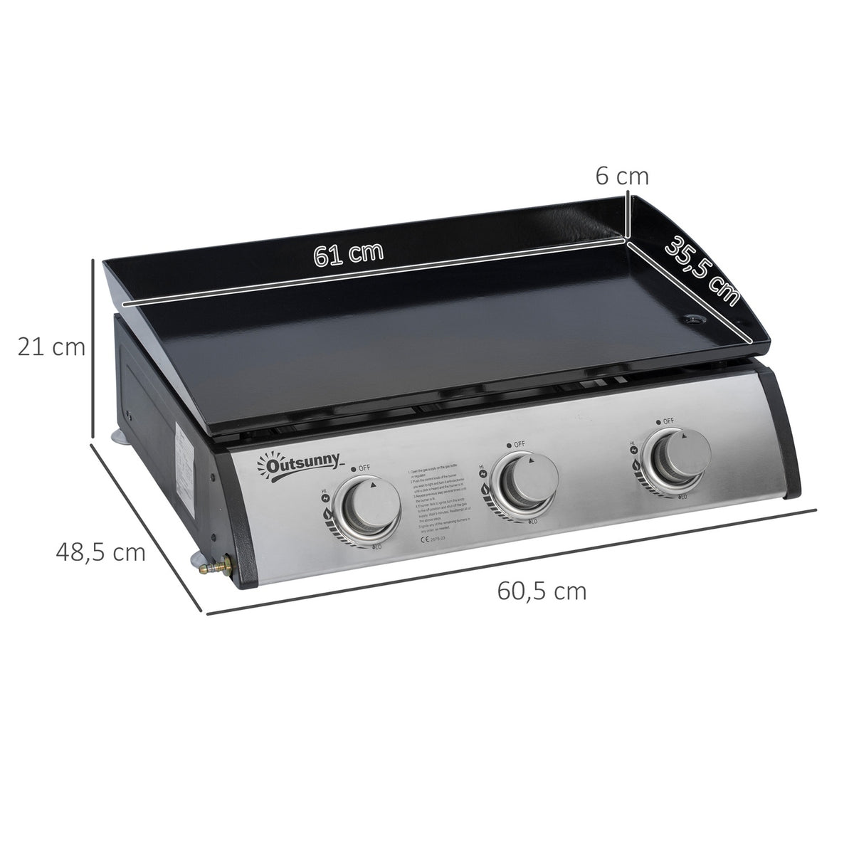 Gas grill 10000BTU/2.5 KW gas grill including 3 stainless steel burners pressure reducer, gas hose, BBQ garden grill for balcony, camping grill 63 x 48 x 21 cm