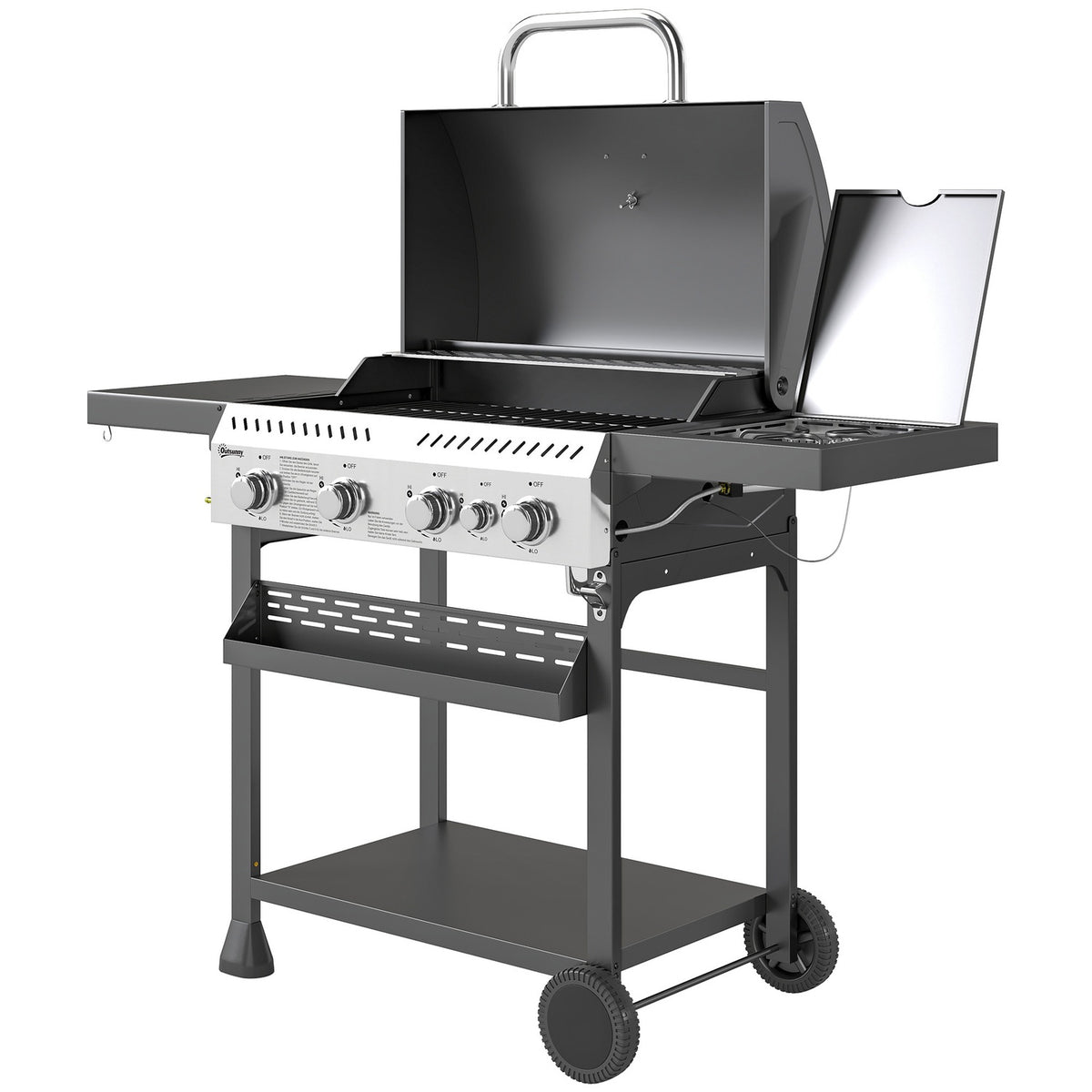 Gas grill 12 KW 4+1 burner BBQ grill cart made of stainless steel including side burner thermometer grill grate hob bottle opener side shelves gas grill for balcony camping 135 x 55 x 103cm |