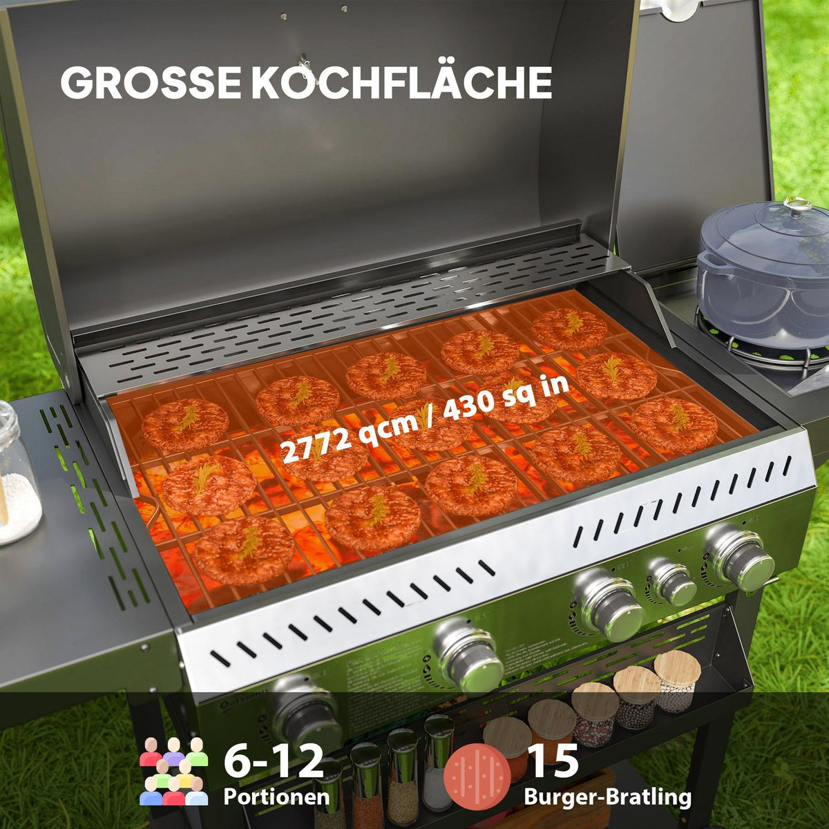 Gas grill 12 KW 4+1 burner BBQ grill cart made of stainless steel including side burner thermometer grill grate hob bottle opener side shelves gas grill for balcony camping 135 x 55 x 103cm |