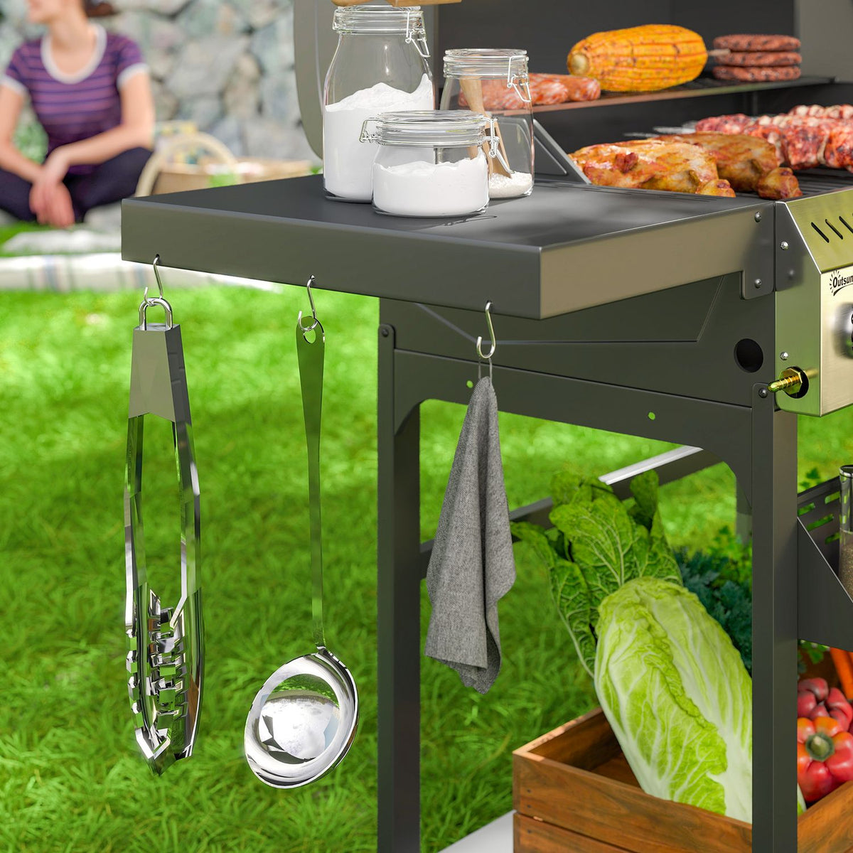 Gas grill 12 KW 4+1 burner BBQ grill cart made of stainless steel including side burner thermometer grill grate hob bottle opener side shelves gas grill for balcony camping 135 x 55 x 103cm |
