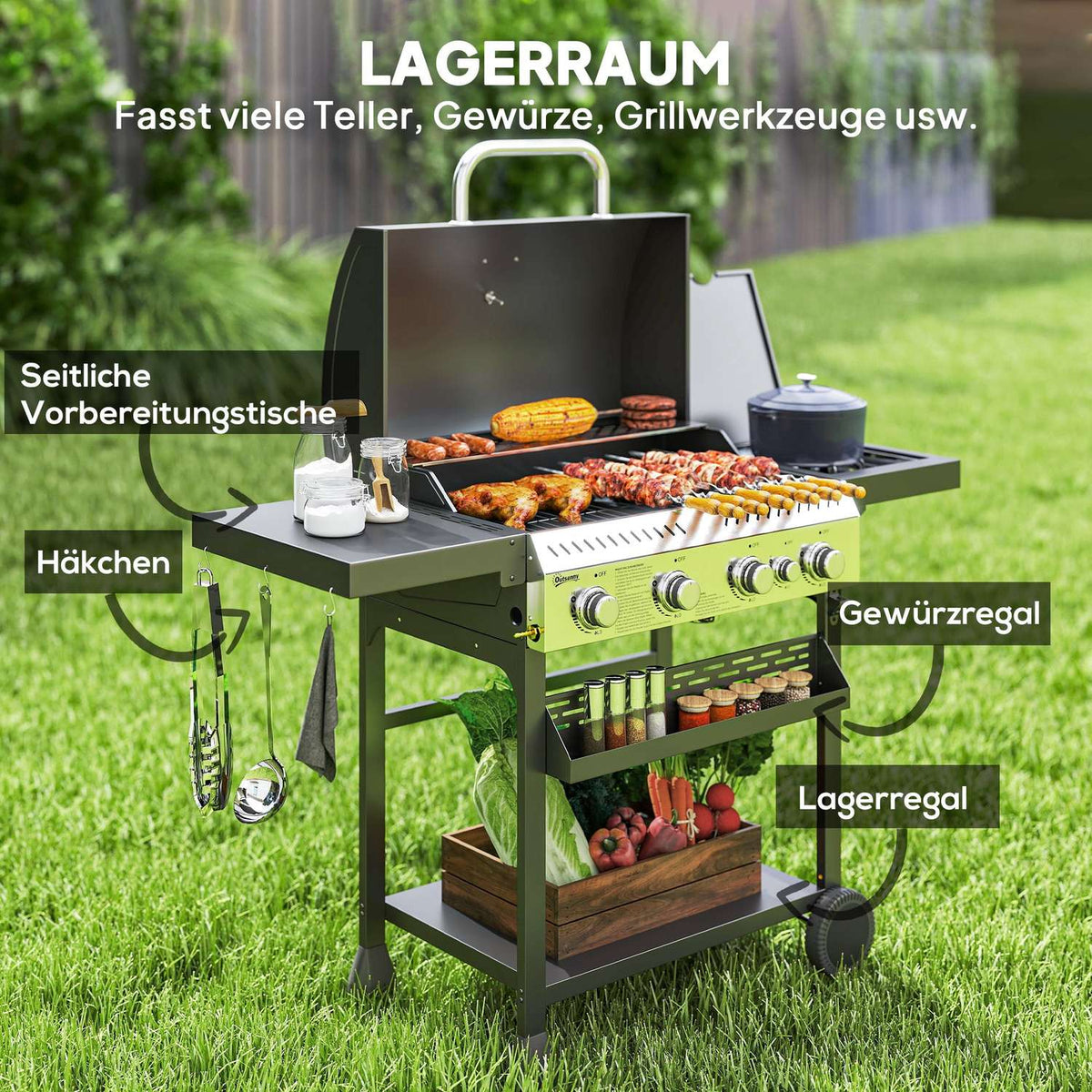 Gas grill 12 KW 4+1 burner BBQ grill cart made of stainless steel including side burner thermometer grill grate hob bottle opener side shelves gas grill for balcony camping 135 x 55 x 103cm |