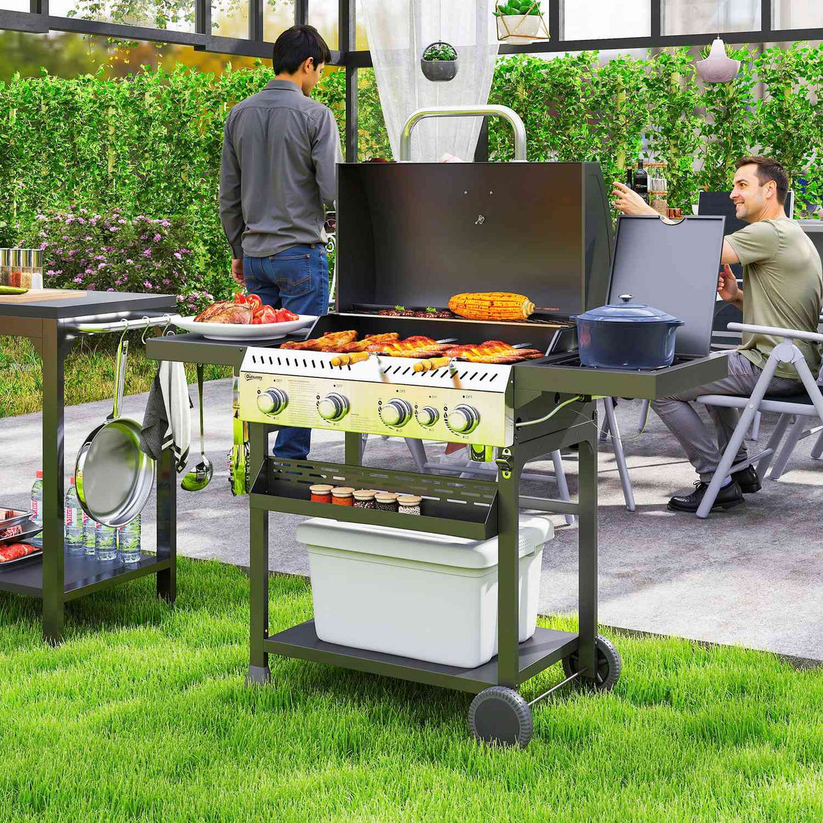 Gas grill 12 KW 4+1 burner BBQ grill cart made of stainless steel including side burner thermometer grill grate hob bottle opener side shelves gas grill for balcony camping 135 x 55 x 103cm |