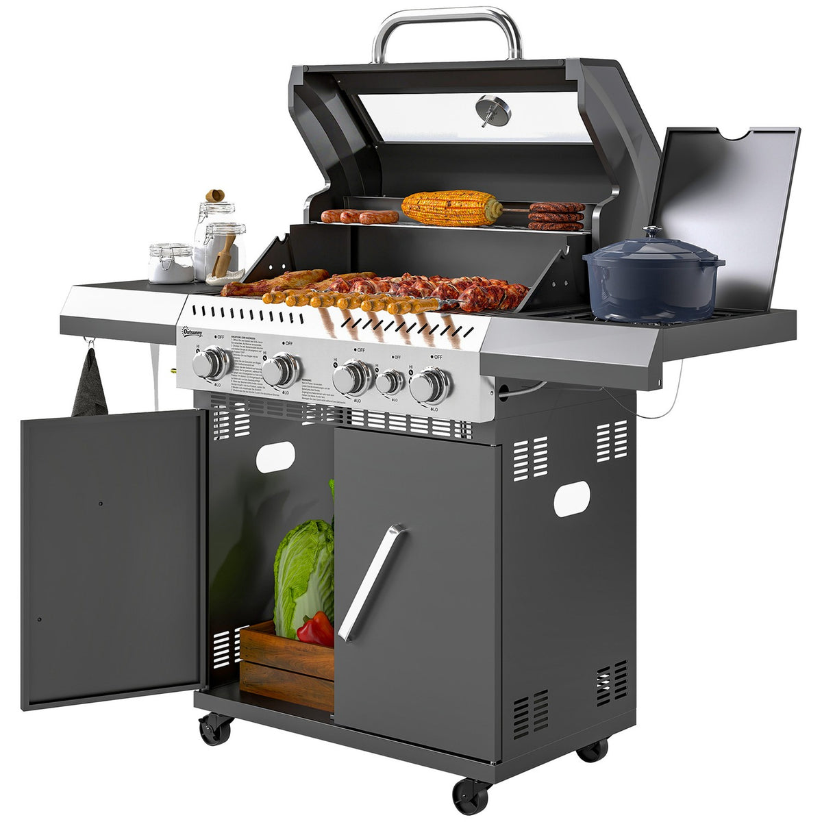 Gas grill 12 KW grill trolley including 5 burners side burner roll pressure reducer lid gas hose 2 heating zones thermometer side shelves, BBQ garden grill for balcony, grill 135 x 54 x 110 cm |