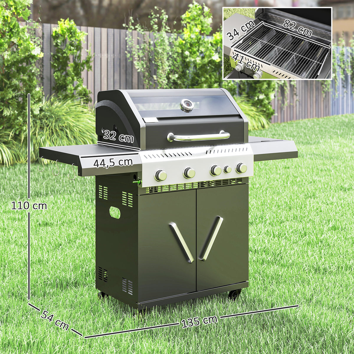 Gas grill 12 KW grill trolley including 5 burners side burner roll pressure reducer lid gas hose 2 heating zones thermometer side shelves, BBQ garden grill for balcony, grill 135 x 54 x 110 cm |
