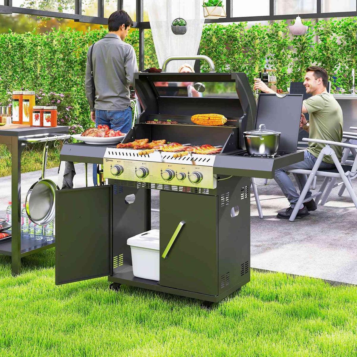 Gas grill 12 KW grill trolley including 5 burners side burner roll pressure reducer lid gas hose 2 heating zones thermometer side shelves, BBQ garden grill for balcony, grill 135 x 54 x 110 cm |