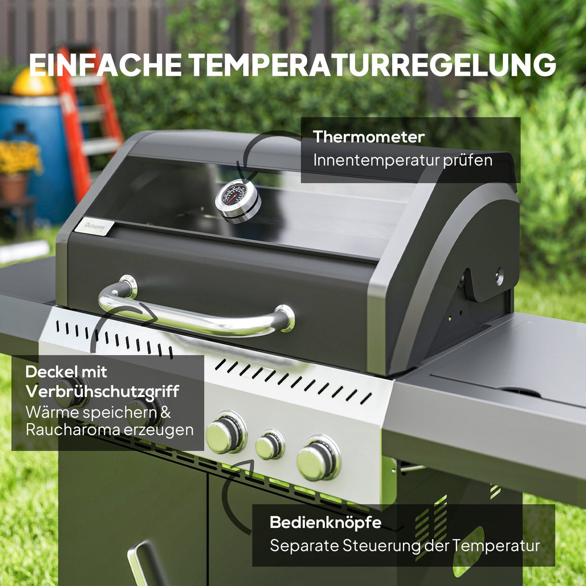 Gas grill 12 KW grill trolley including 5 burners side burner roll pressure reducer lid gas hose 2 heating zones thermometer side shelves, BBQ garden grill for balcony, grill 135 x 54 x 110 cm |