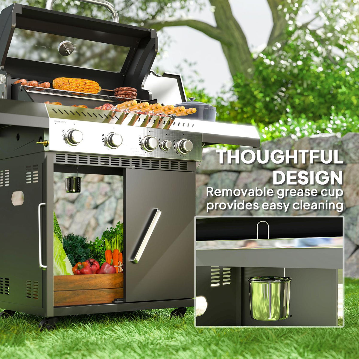 Gas grill 12 KW grill trolley including 5 burners side burner roll pressure reducer lid gas hose 2 heating zones thermometer side shelves, BBQ garden grill for balcony, grill 135 x 54 x 110 cm |