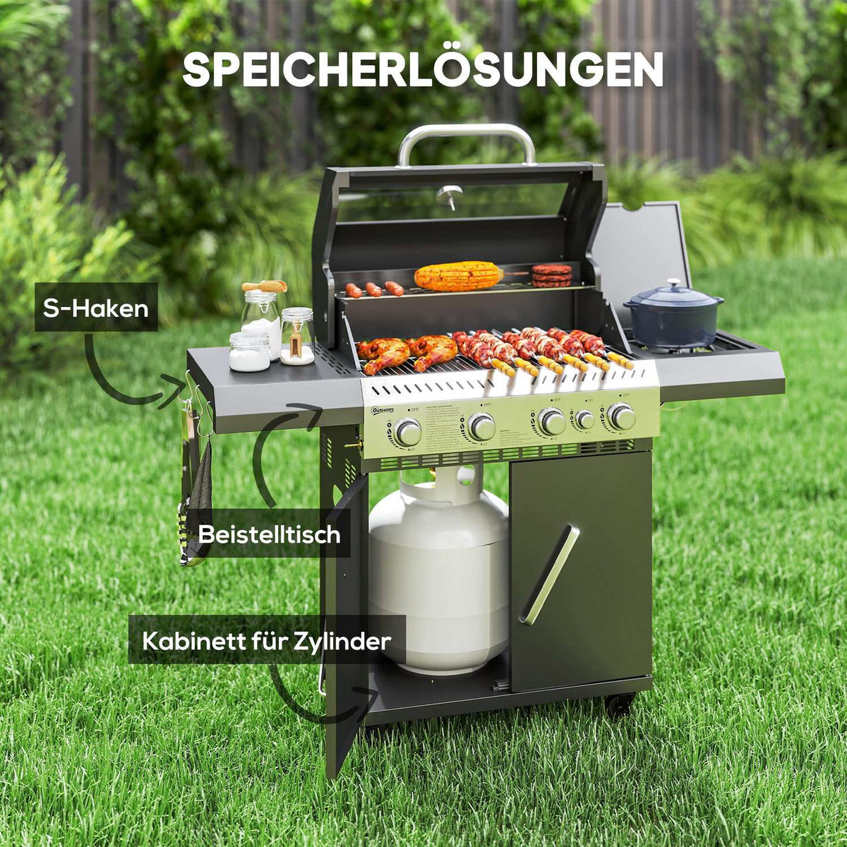 Gas grill 12 KW grill trolley including 5 burners side burner roll pressure reducer lid gas hose 2 heating zones thermometer side shelves, BBQ garden grill for balcony, grill 135 x 54 x 110 cm |