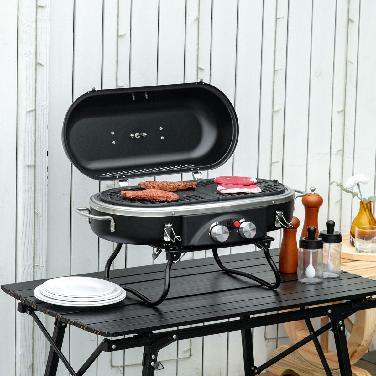 Gas grill 2.34 KW folding BBQ garden grill including 2 stainless steel burners, pressure reducer, gas hose, lid, thermometer, 2 heating zones, camping grill for balcony, 66 x 34.5 x 37 cm