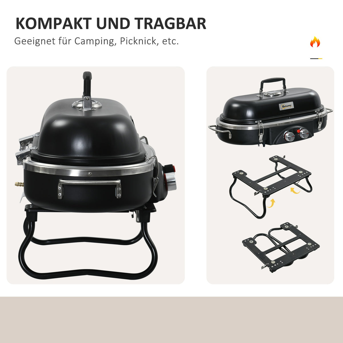 Gas grill 2.34 KW folding BBQ garden grill including 2 stainless steel burners, pressure reducer, gas hose, lid, thermometer, 2 heating zones, camping grill for balcony, 66 x 34.5 x 37 cm