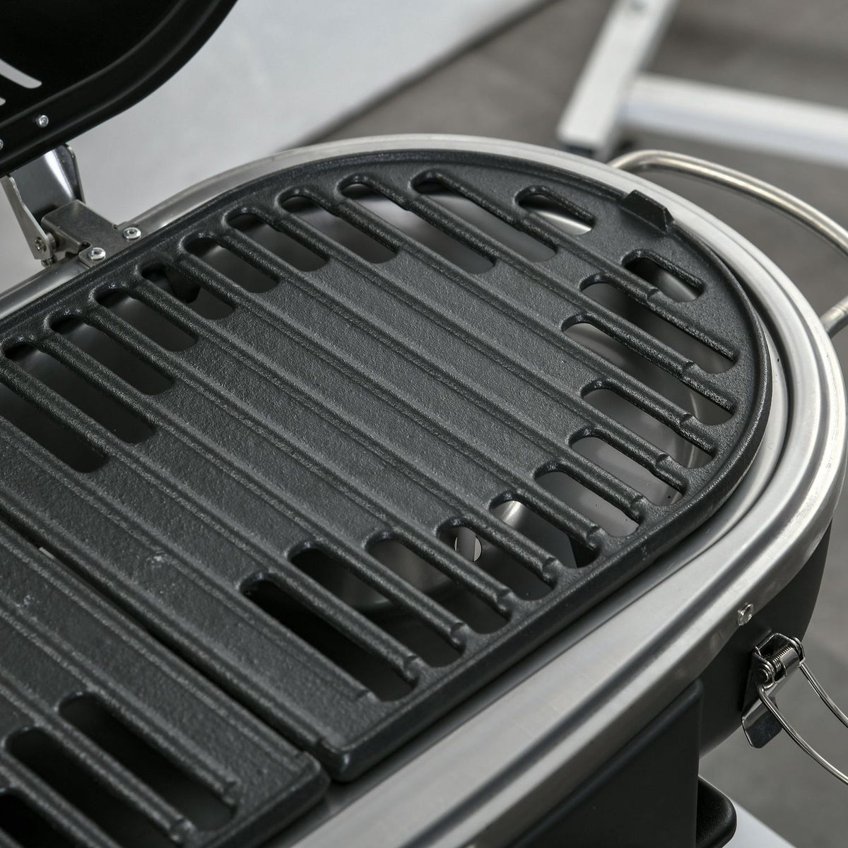 Gas grill 2.34 KW folding BBQ garden grill including 2 stainless steel burners, pressure reducer, gas hose, lid, thermometer, 2 heating zones, camping grill for balcony, 66 x 34.5 x 37 cm