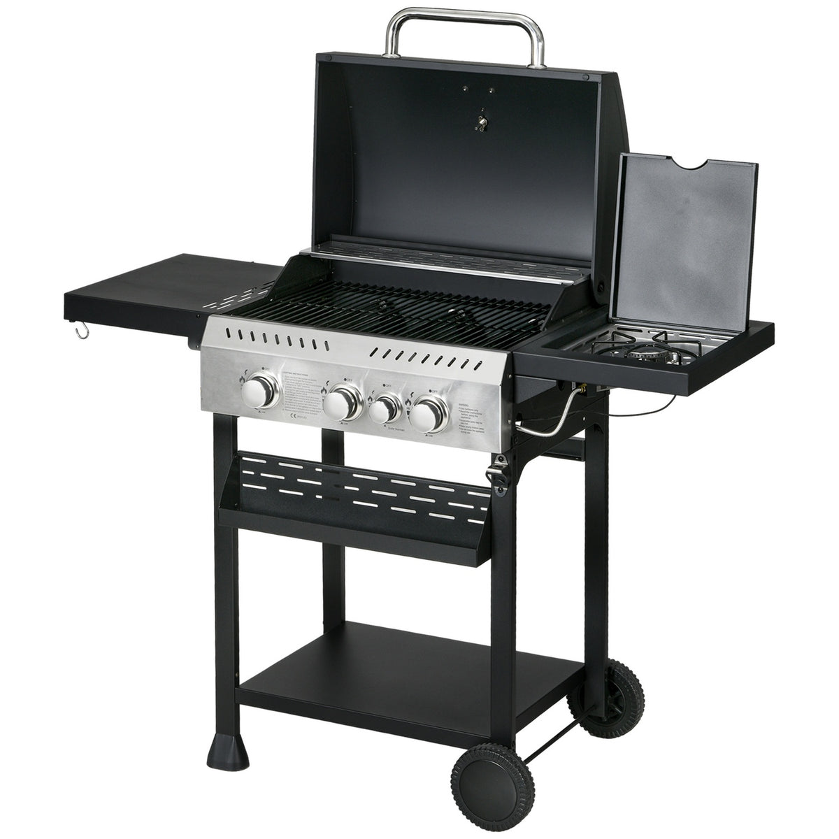 Gas grill 3 KW 3 + 1 burner BBQ grill cart made of stainless steel including side burner, thermometer, grill grate, hob, bottle opener, side shelves, gas grill for balcony, camping 123 x 52 x 101 cm |
