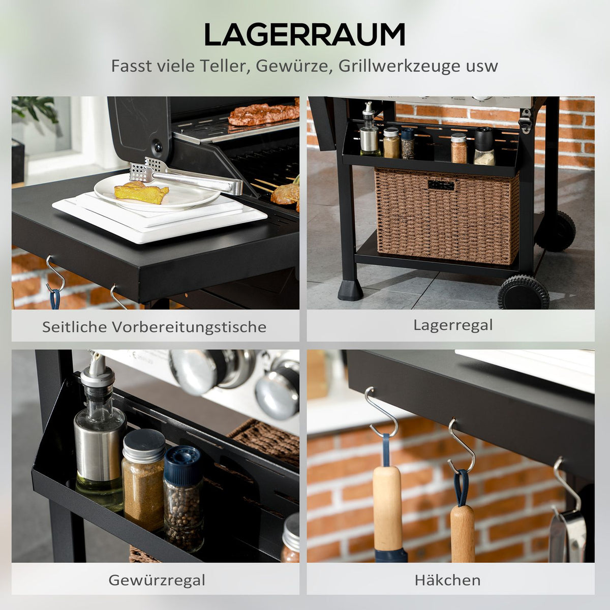 Gas grill 3 KW 3 + 1 burner BBQ grill cart made of stainless steel including side burner, thermometer, grill grate, hob, bottle opener, side shelves, gas grill for balcony, camping 123 x 52 x 101 cm |