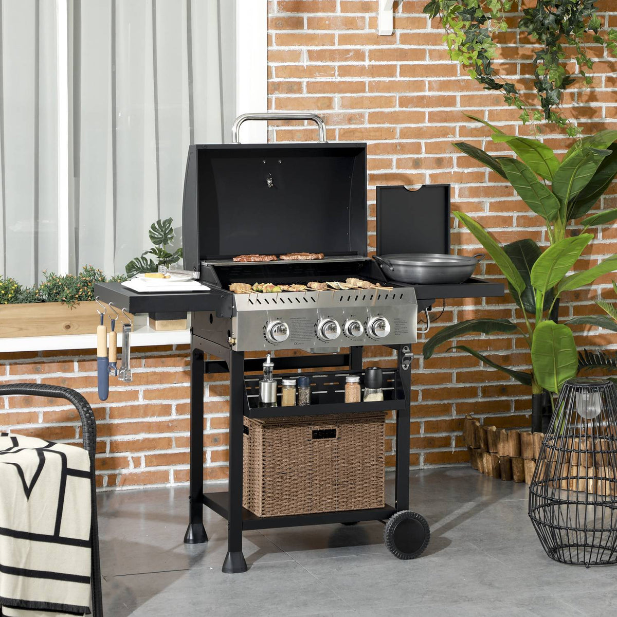 Gas grill 3 KW 3 + 1 burner BBQ grill cart made of stainless steel including side burner, thermometer, grill grate, hob, bottle opener, side shelves, gas grill for balcony, camping 123 x 52 x 101 cm |