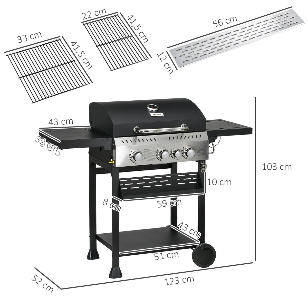 Gas grill 3 KW 3 + 1 burner BBQ grill cart made of stainless steel including side burner, thermometer, grill grate, hob, bottle opener, side shelves, gas grill for balcony, camping 123 x 52 x 101 cm |