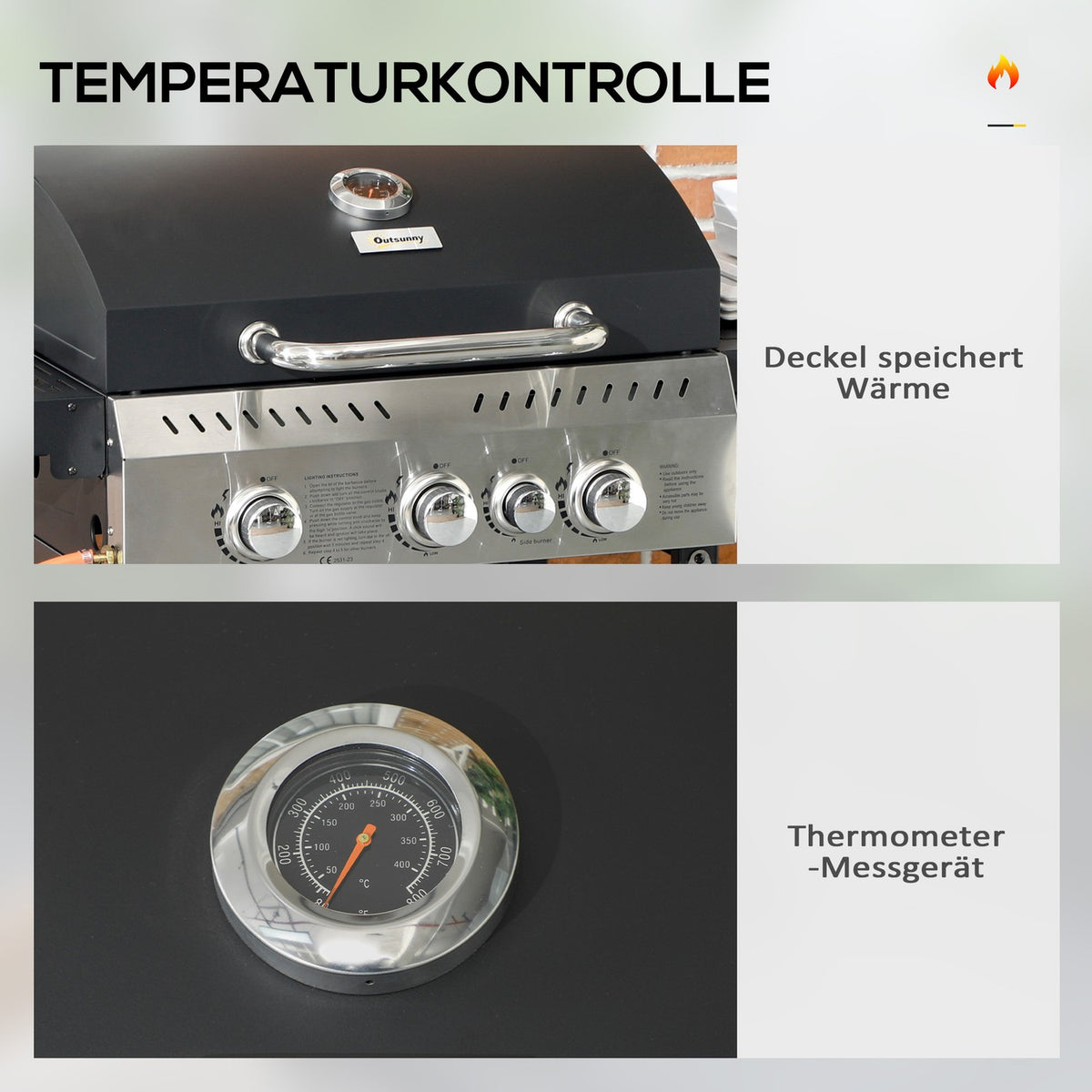 Gas grill 3 KW 3 + 1 burner BBQ grill cart made of stainless steel including side burner, thermometer, grill grate, hob, bottle opener, side shelves, gas grill for balcony, camping 123 x 52 x 101 cm |