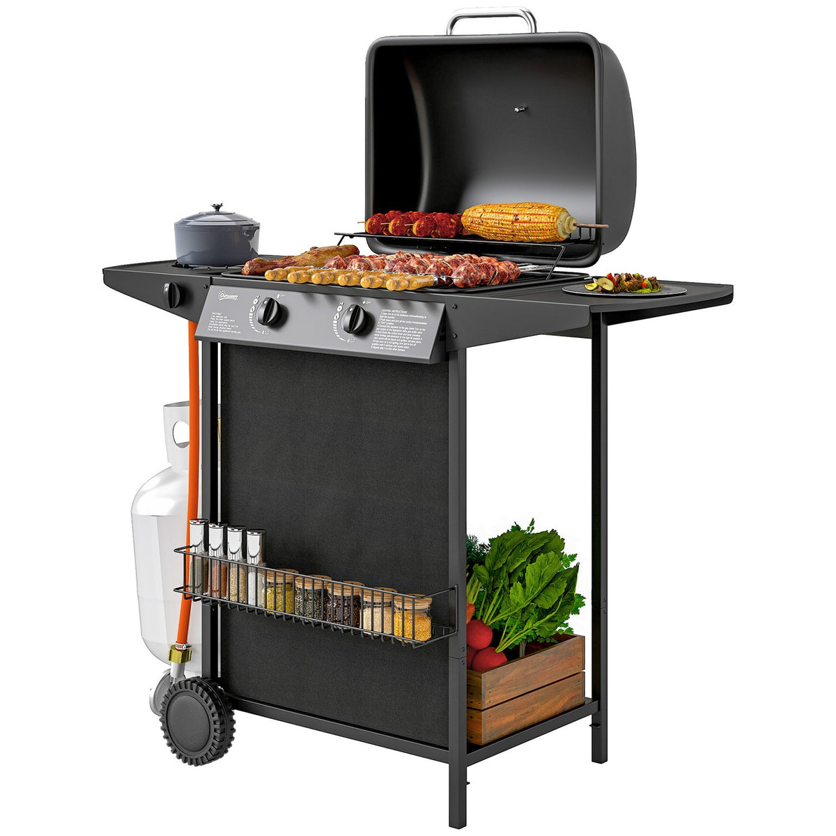 Gas grill 7 KW grill trolley including 3 burners side cooker roll pressure reducer lid gas hose 2 heating zones thermometer side shelves, BBQ garden grill for balcony, grill 107 x 54 x 96 cm |