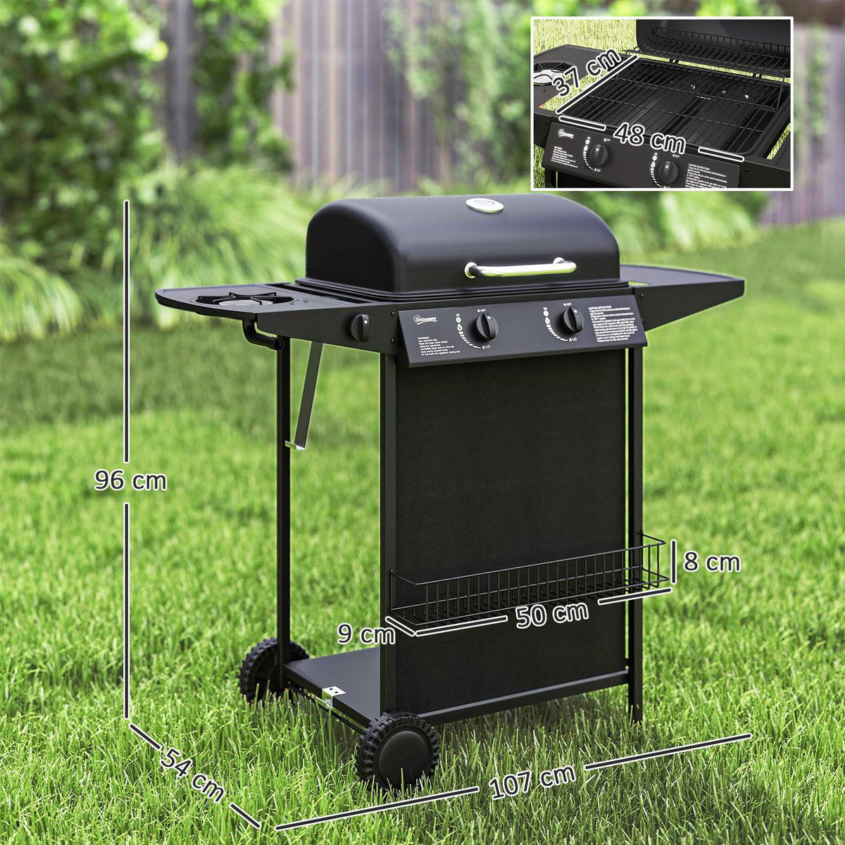 Gas grill 7 KW grill trolley including 3 burners side cooker roll pressure reducer lid gas hose 2 heating zones thermometer side shelves, BBQ garden grill for balcony, grill 107 x 54 x 96 cm |