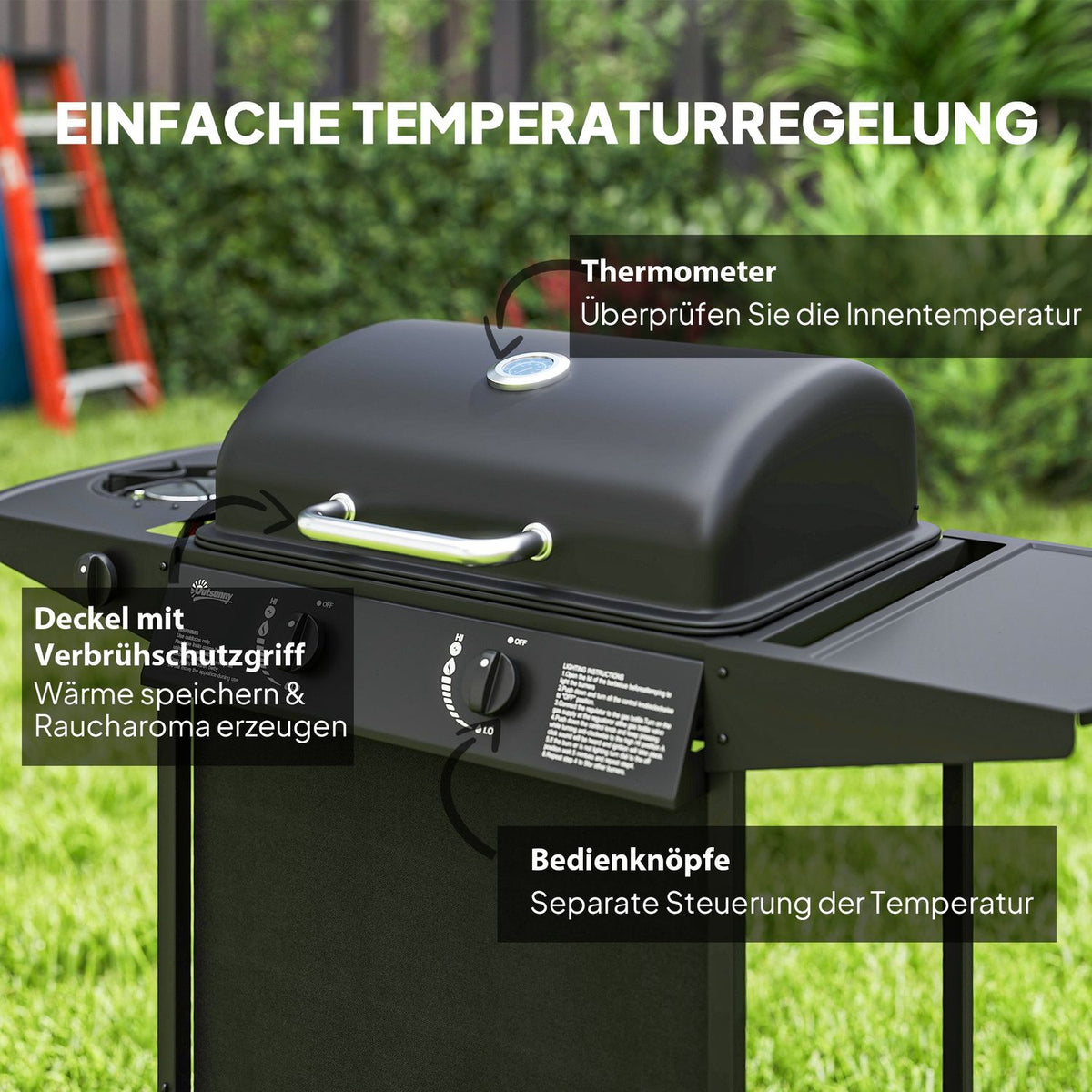 Gas grill 7 KW grill trolley including 3 burners side cooker roll pressure reducer lid gas hose 2 heating zones thermometer side shelves, BBQ garden grill for balcony, grill 107 x 54 x 96 cm |