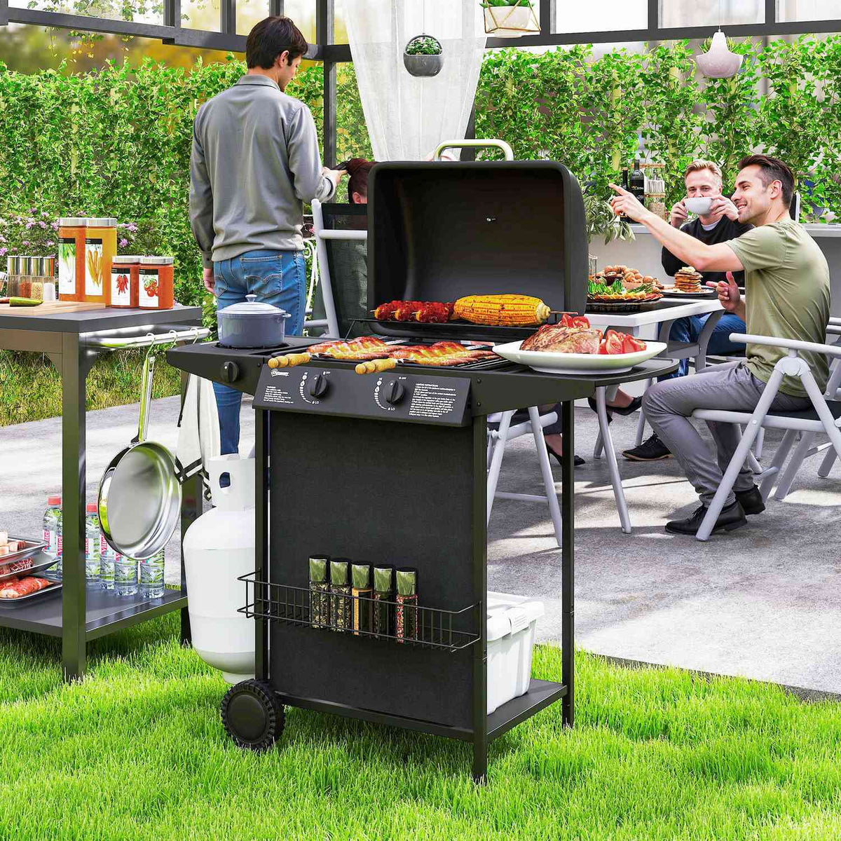 Gas grill 7 KW grill trolley including 3 burners side cooker roll pressure reducer lid gas hose 2 heating zones thermometer side shelves, BBQ garden grill for balcony, grill 107 x 54 x 96 cm |