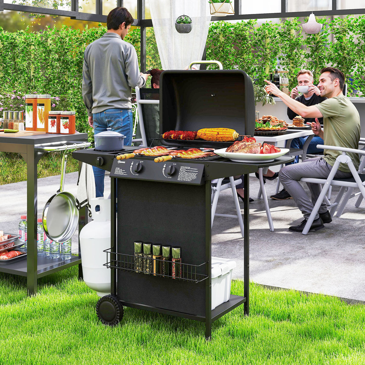 Gas grill 7 KW grill trolley including 3 burners side cooker roll pressure reducer lid gas hose 2 heating zones thermometer side shelves, BBQ garden grill for balcony, grill 107 x 54 x 96 cm |
