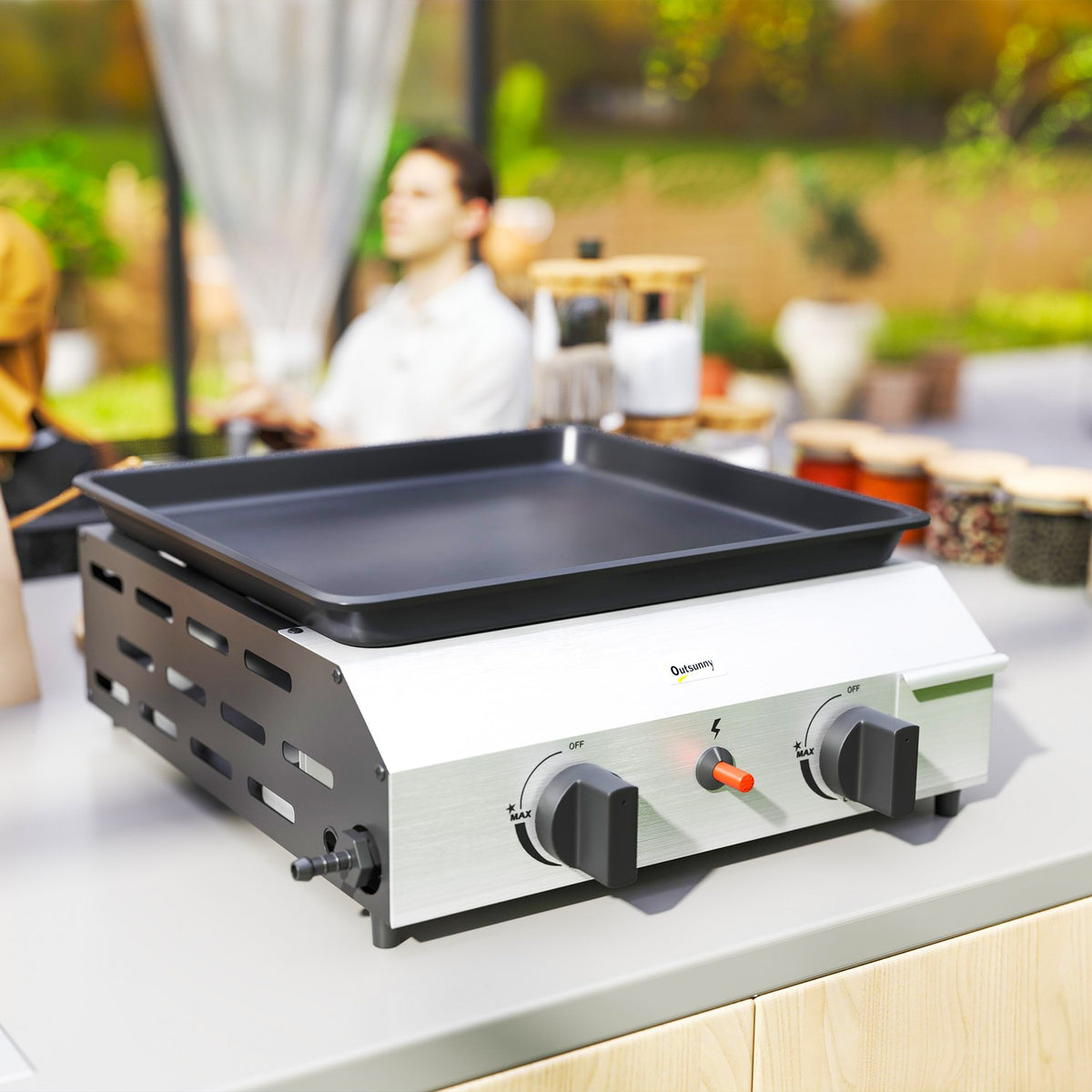 Gas grill 8000BTU/2.4 KW grill cart including 2 stainless steel burners pressure reducer gas hose adjustable legs hot plate, BBQ garden grill for balcony, camping grill 44 x 44.5 x 19 cm