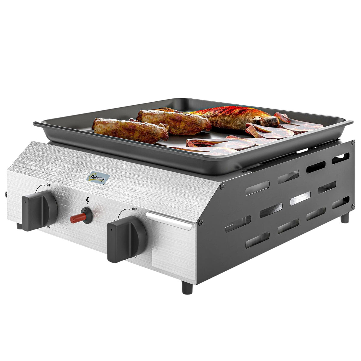 Gas grill 8000BTU/2.4 KW grill cart including 2 stainless steel burners pressure reducer gas hose adjustable legs hot plate, BBQ garden grill for balcony, camping grill 44 x 44.5 x 19 cm