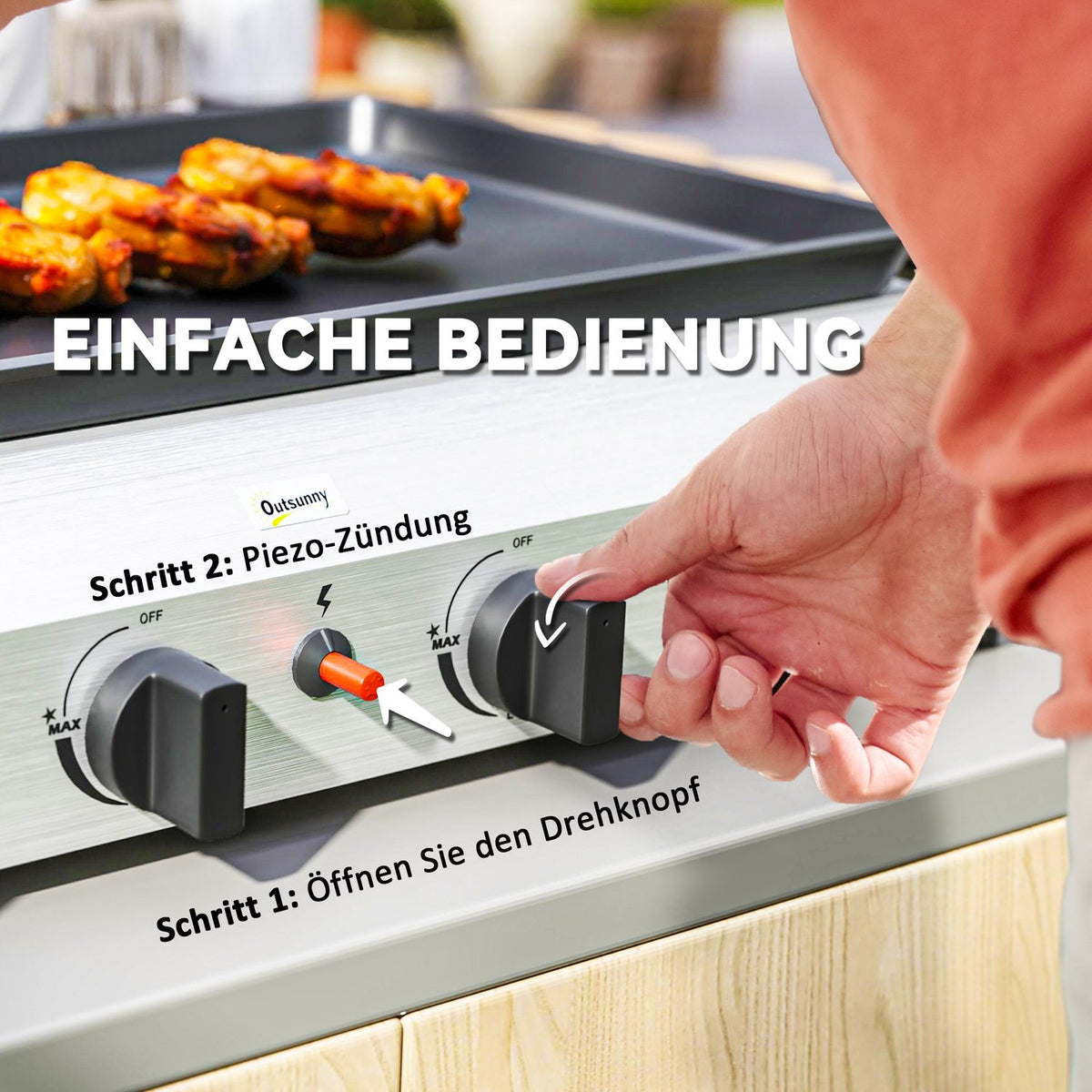 Gas grill 8000BTU/2.4 KW grill cart including 4 stainless steel burners pressure reducer gas hose adjustable legs hot plate, BBQ garden grill for balcony, camping grill 77 x 44.5 x 19 cm