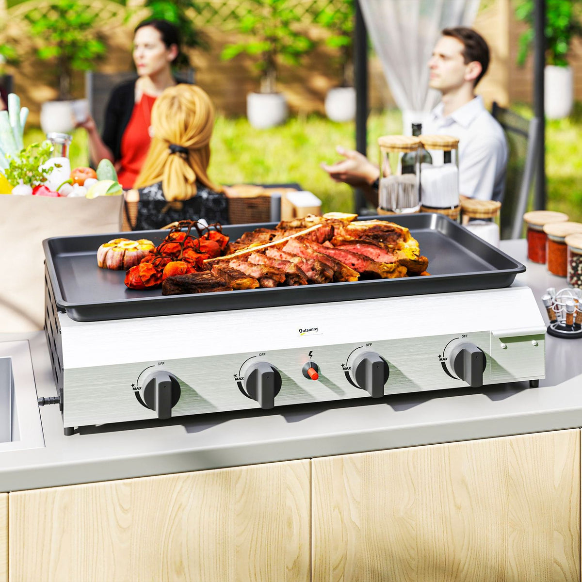 Gas grill 8000BTU/2.4 KW grill cart including 4 stainless steel burners pressure reducer gas hose adjustable legs hot plate, BBQ garden grill for balcony, camping grill 77 x 44.5 x 19 cm
