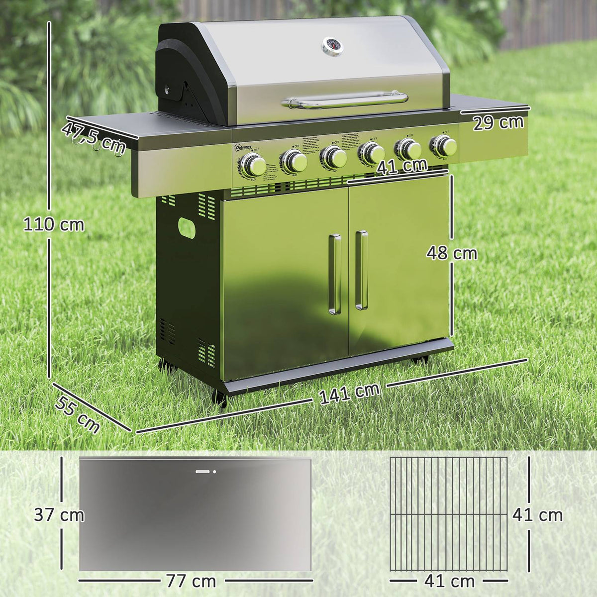Gas grill 8500BTU grill cart including 6 stainless steel burners roll thermometer pressure reducer gas hose lid side shelves, BBQ garden grill for balcony, camping grill 141 x 55 x 110 cm |