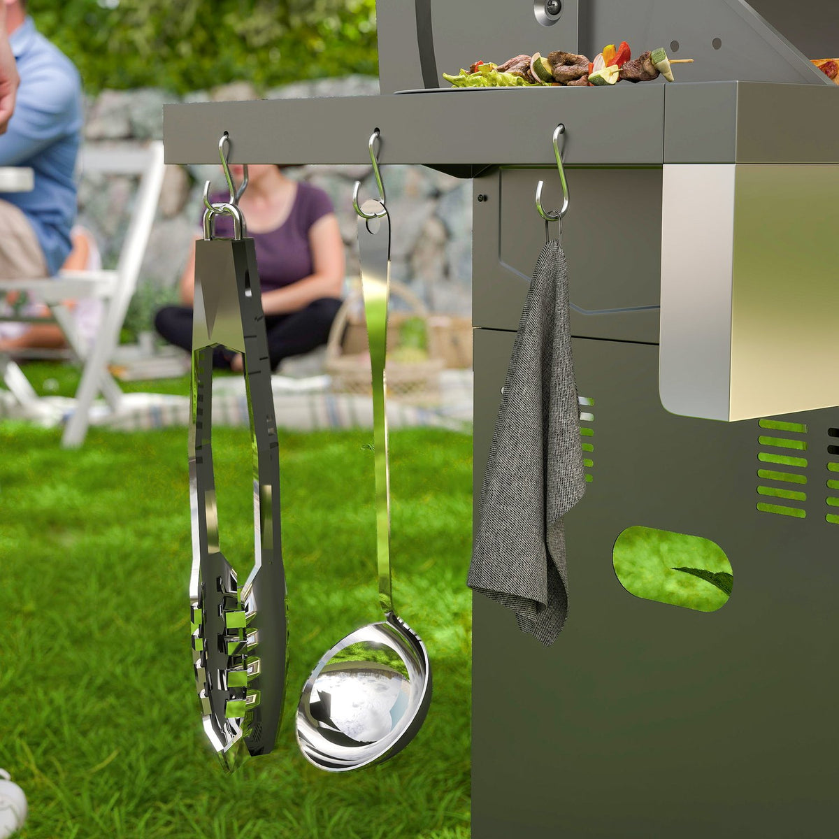 Gas grill 8500BTU grill cart including 6 stainless steel burners roll thermometer pressure reducer gas hose lid side shelves, BBQ garden grill for balcony, camping grill 141 x 55 x 110 cm |