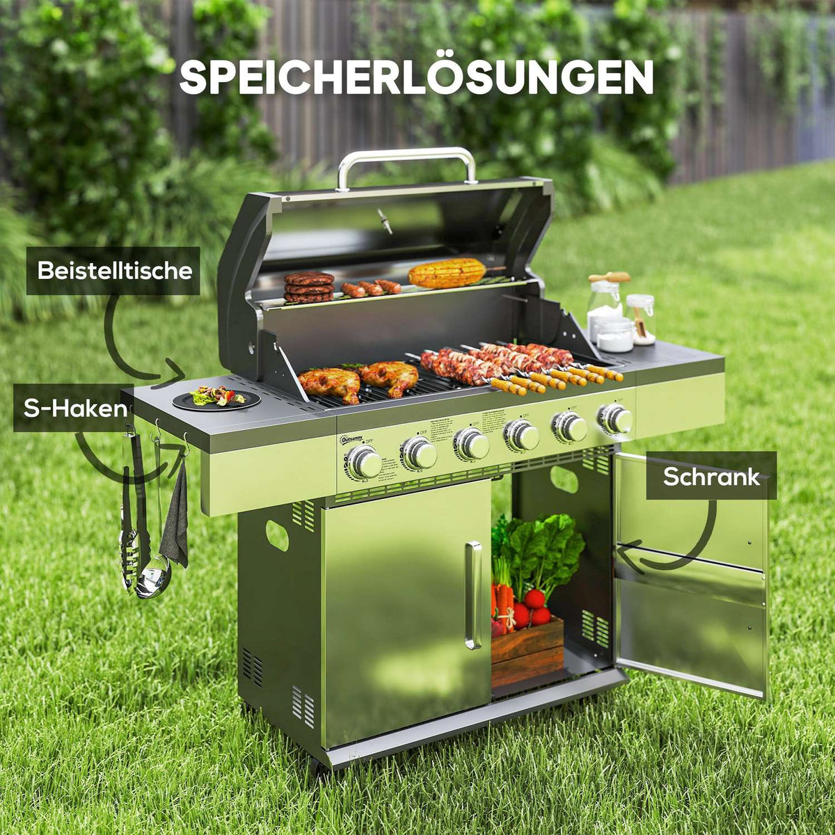 Gas grill 8500BTU grill cart including 6 stainless steel burners roll thermometer pressure reducer gas hose lid side shelves, BBQ garden grill for balcony, camping grill 141 x 55 x 110 cm |